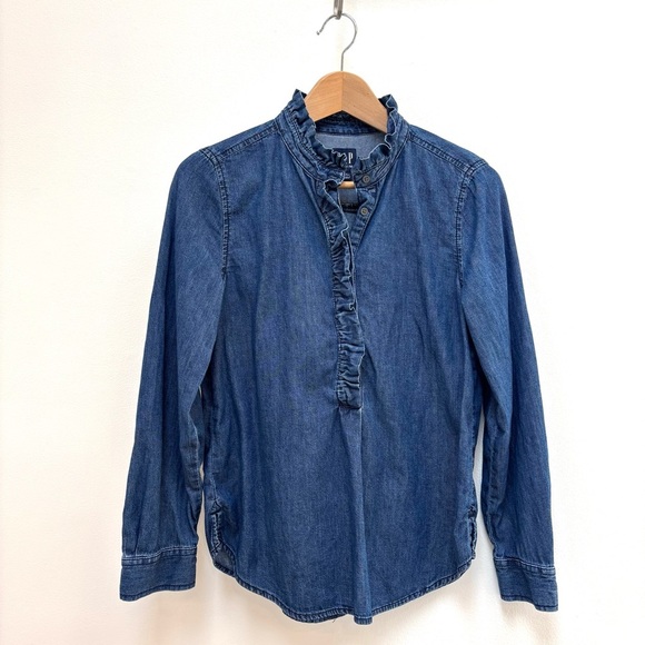 GAP Denim Ruffle Trim Popover Shirt Cottagecore Prairie Dark Indigo Blue XSP - Picture 6 of 12